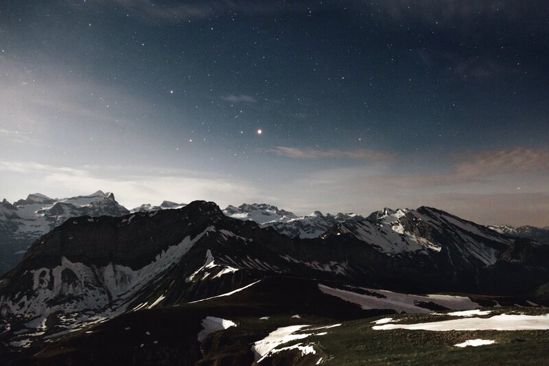 Snow-capped Mountains under Stars — Black, Serene, Night