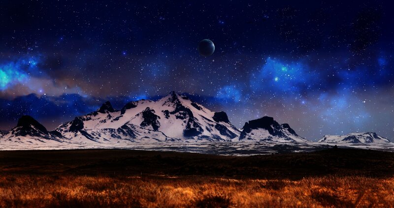 Snow-capped Mountains under Stars — Blue, Dramatic