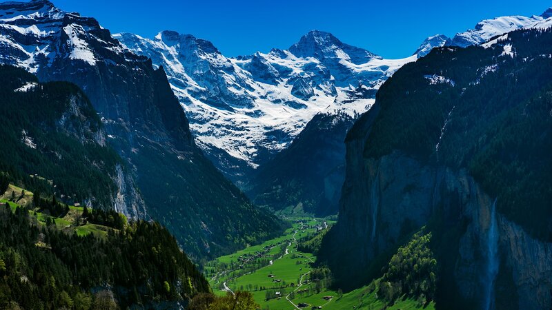 Snow-capped Mountains Valley — Blue, Serene