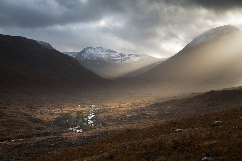 Snow-capped Mountains Valley — Brown, Dramatic
