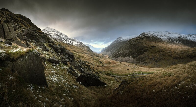 Snow-capped Mountains Valley — Brown, Dramatic, Winter