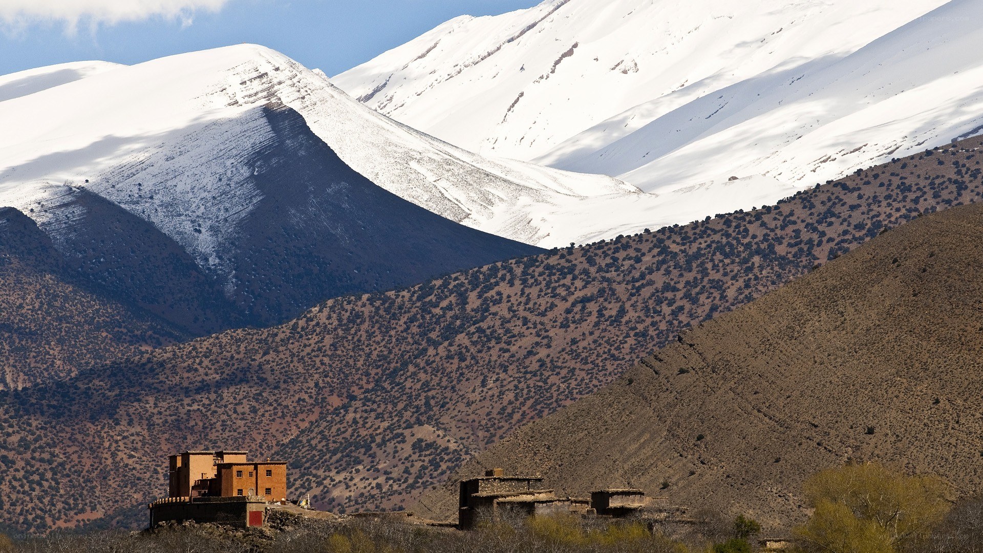 Snow-capped mountains with village