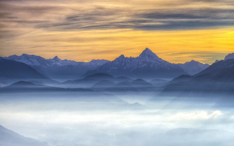 Snow-capped Mountains — Yellow, Serene, Sunset, Photograph, Fog