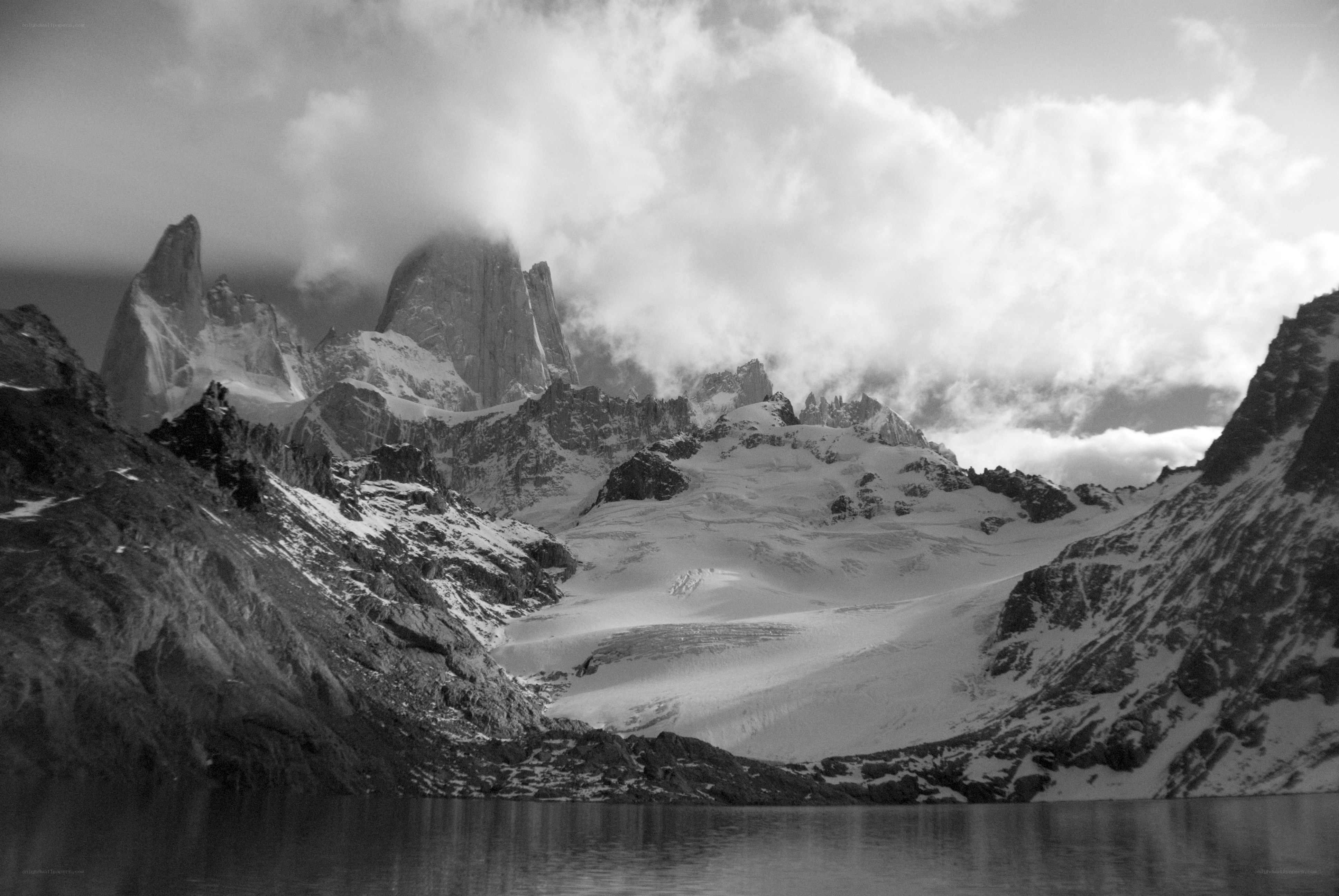 Snow-capped peaks above a lake