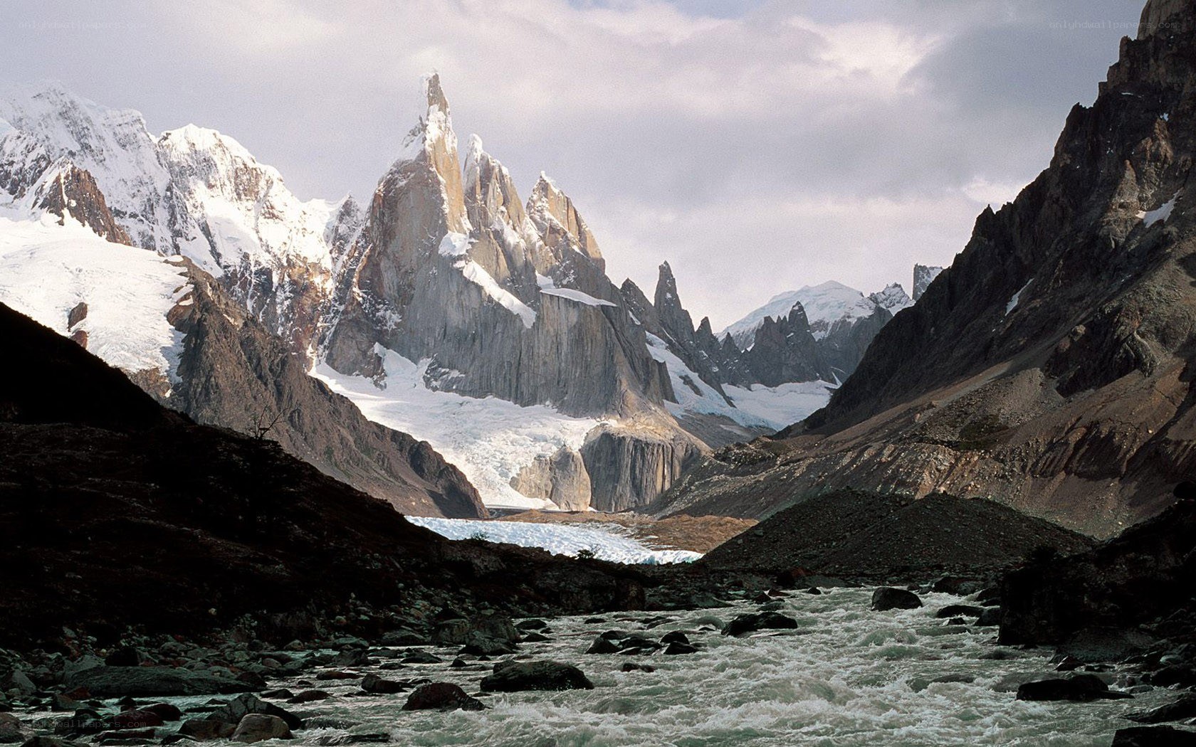 Snow-capped peaks and glacial river