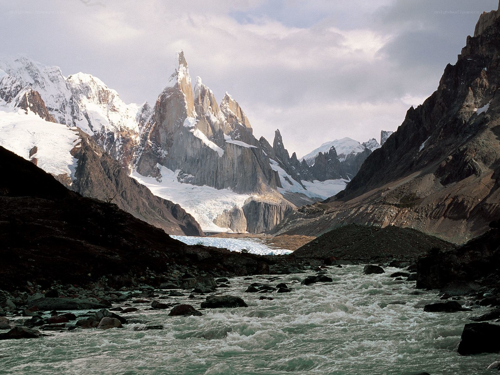 Snow-capped peaks and glacial river