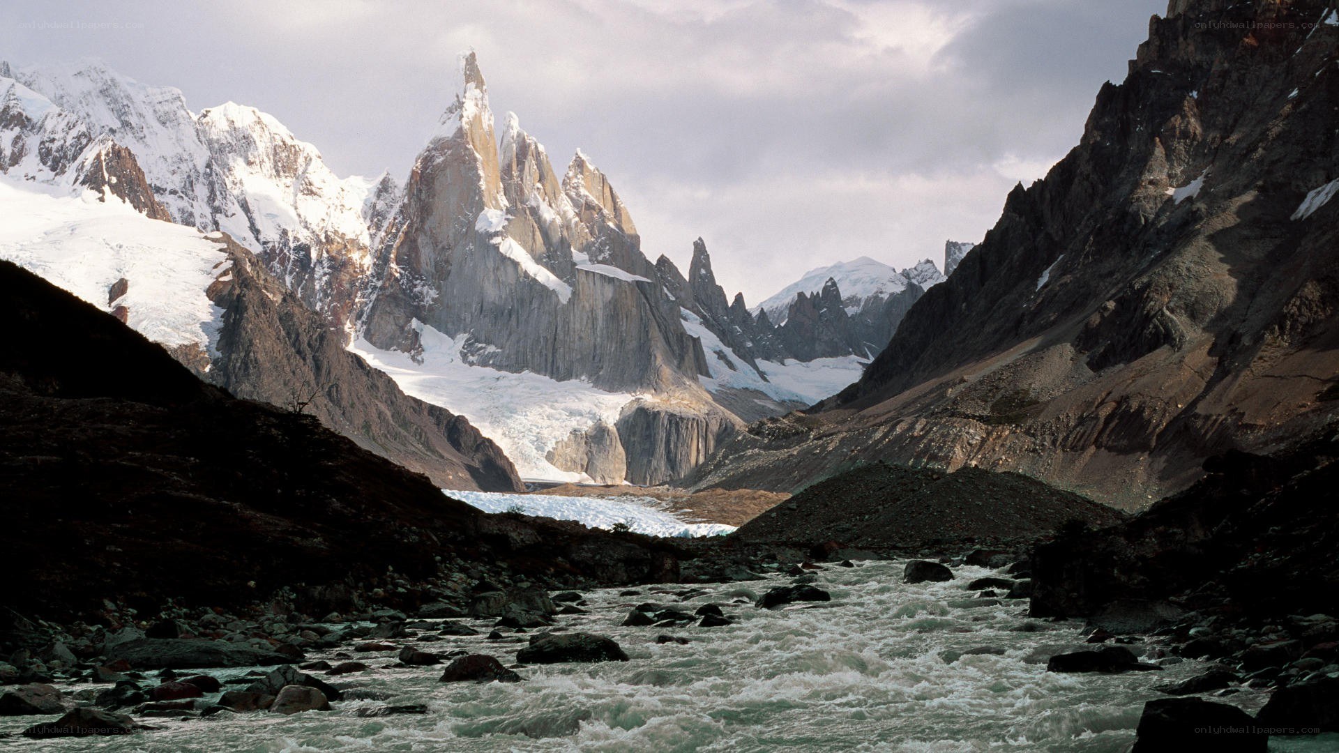 Snow-capped peaks and glacial river