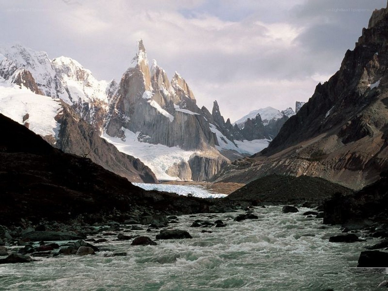 Snow-capped peaks and river