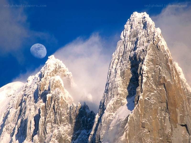 Snow-capped peaks under moonlight