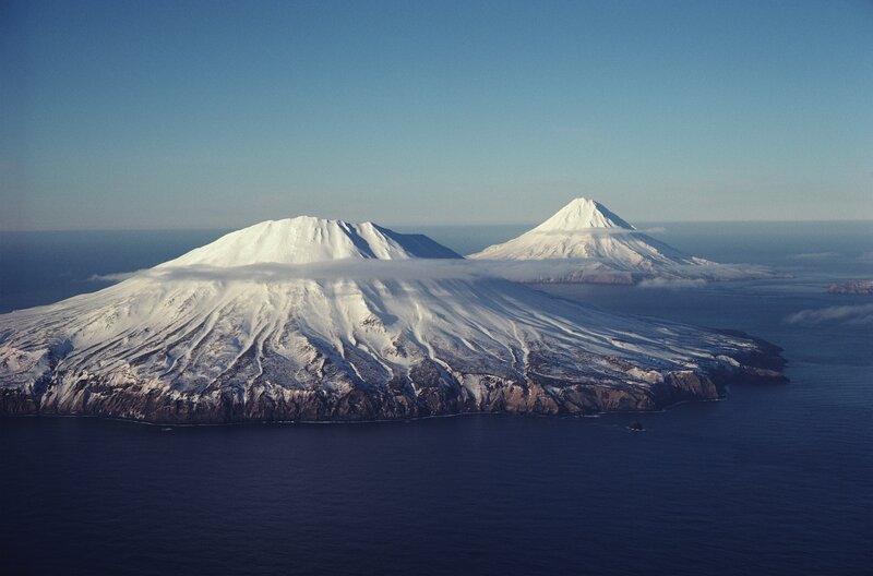Snow-capped volcanic islands