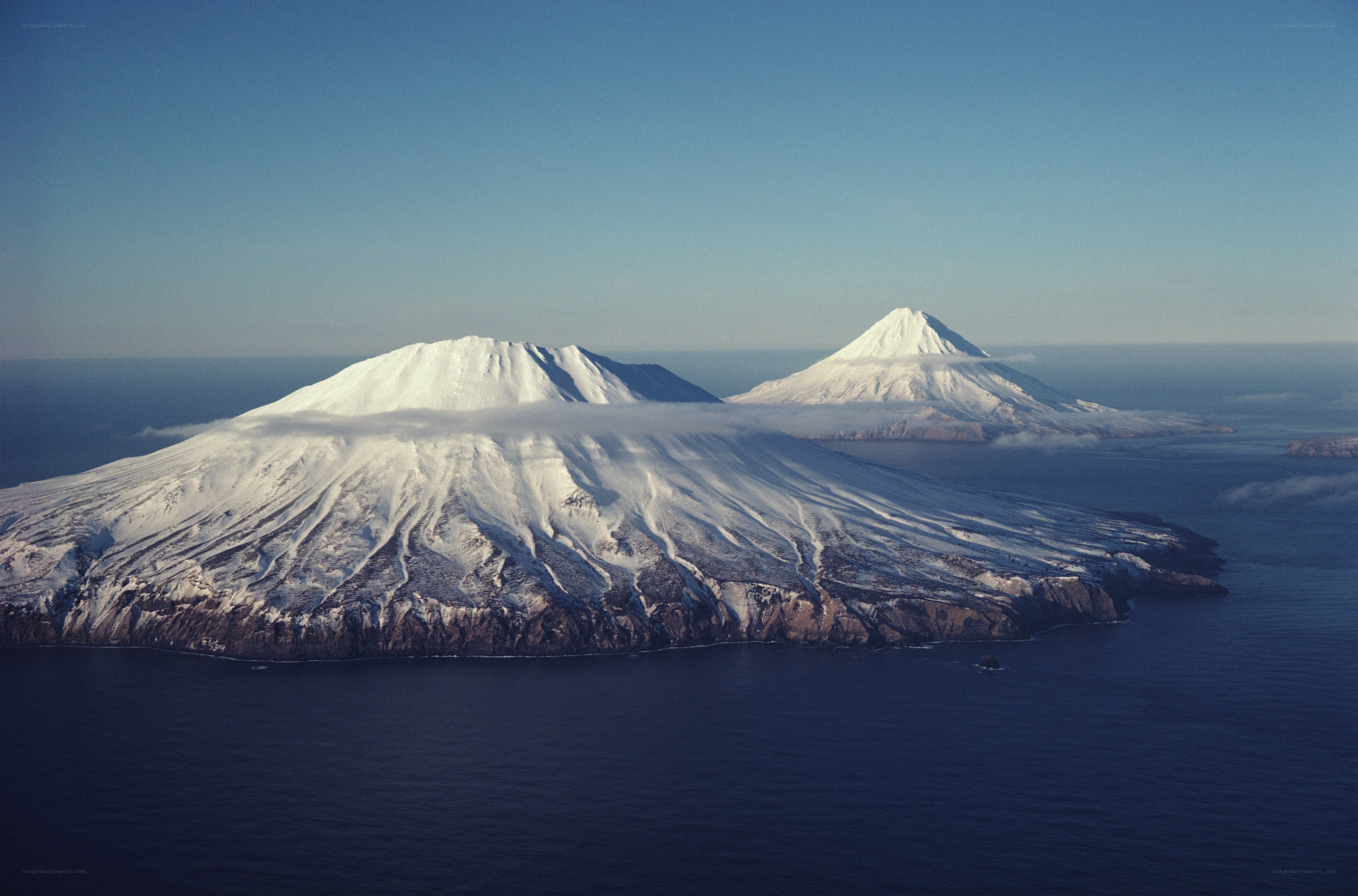 Snow-capped volcanic islands