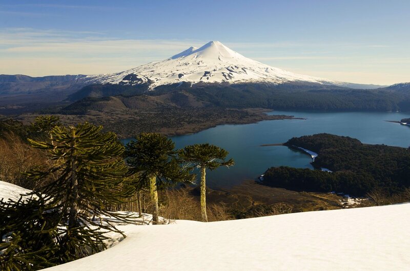 Snow-capped Volcano and Lake — Blue, Serene