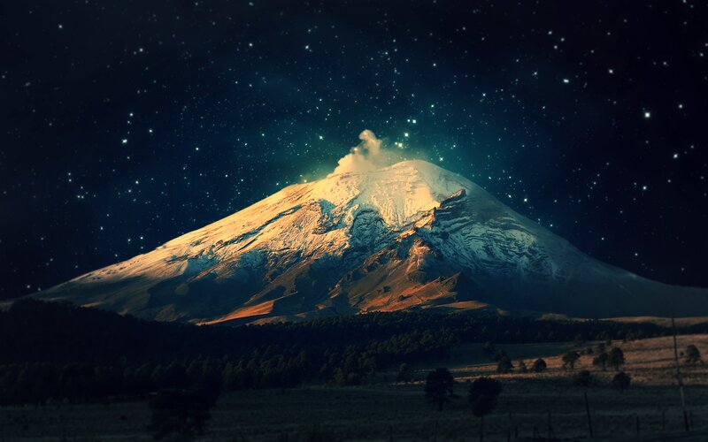 Snow-capped Volcano at Night — Black, Dramatic