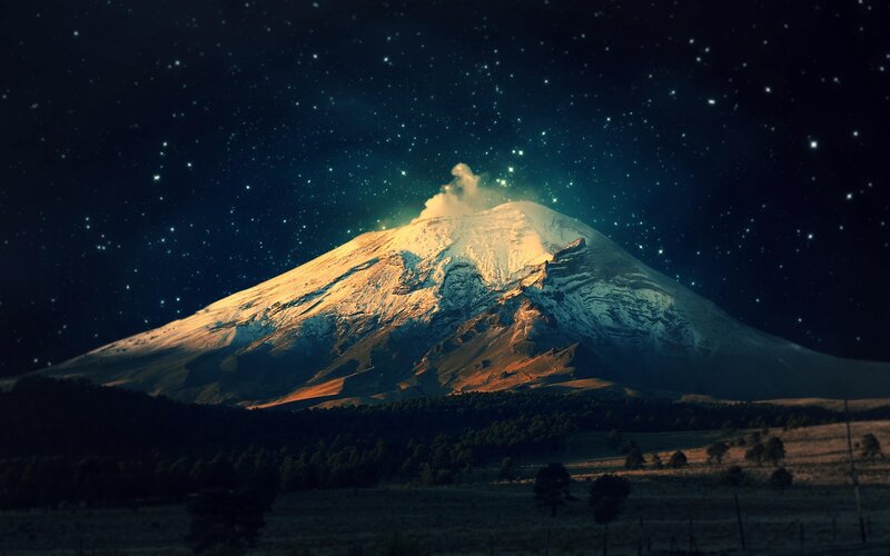 Snow-capped Volcano at Night — Blue, Dramatic