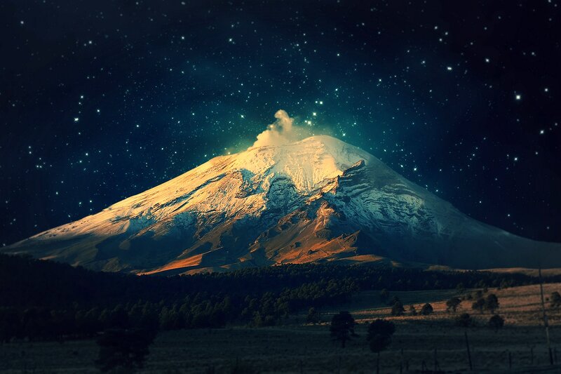 Snow-capped Volcano at Night