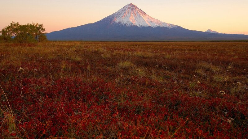 Snow-capped Volcano at Sunset