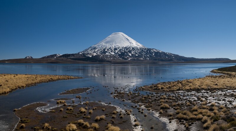 Snow-capped Volcano — Blue, Serene, Afternoon, Photograph, Lake, Mountain, Sky