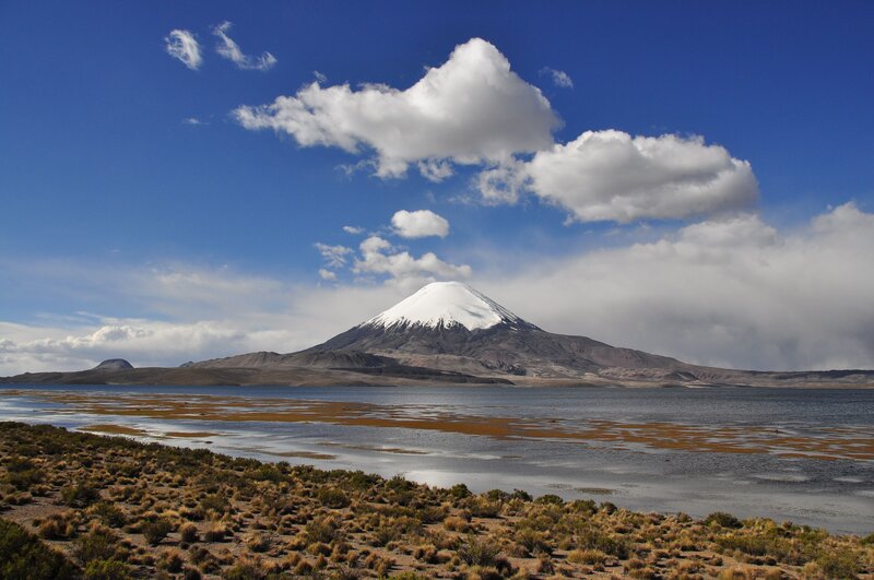 Snow-capped Volcano — Blue, Serene, Afternoon, Photograph, Mountain, Lake, Clouds