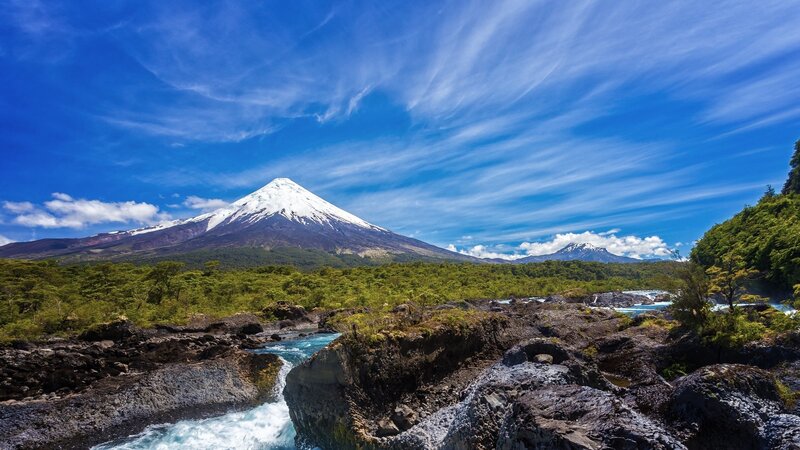 Snow-capped Volcano — Blue, Serene, Afternoon, Photograph, River