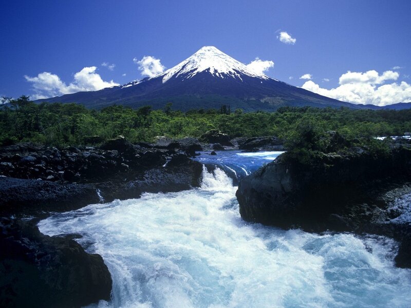Snow-capped Volcano — Blue, Serene, Afternoon, Photograph, River, Trees