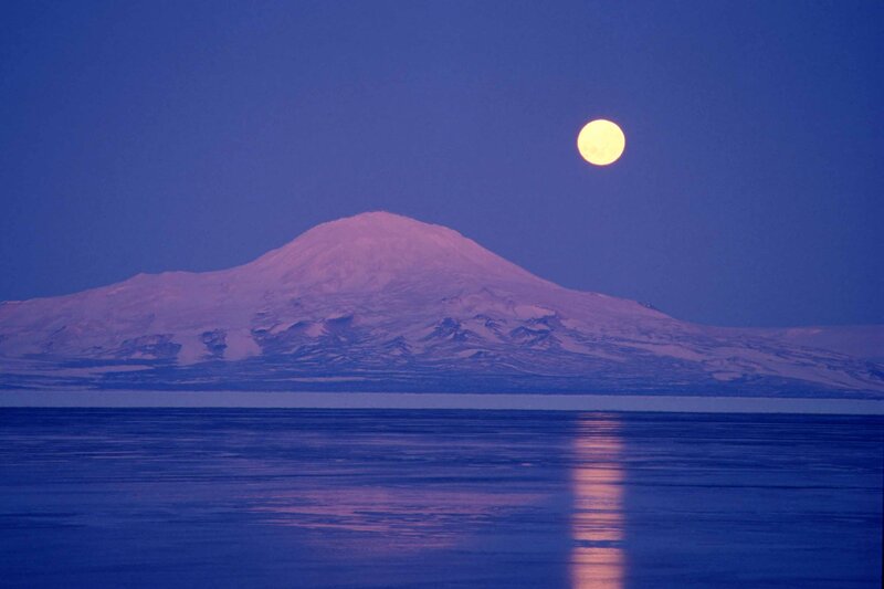 Snow-capped Volcano — Blue, Serene, Night
