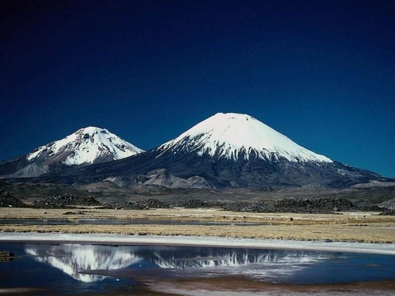 Snow-capped volcanoes reflected in a lake