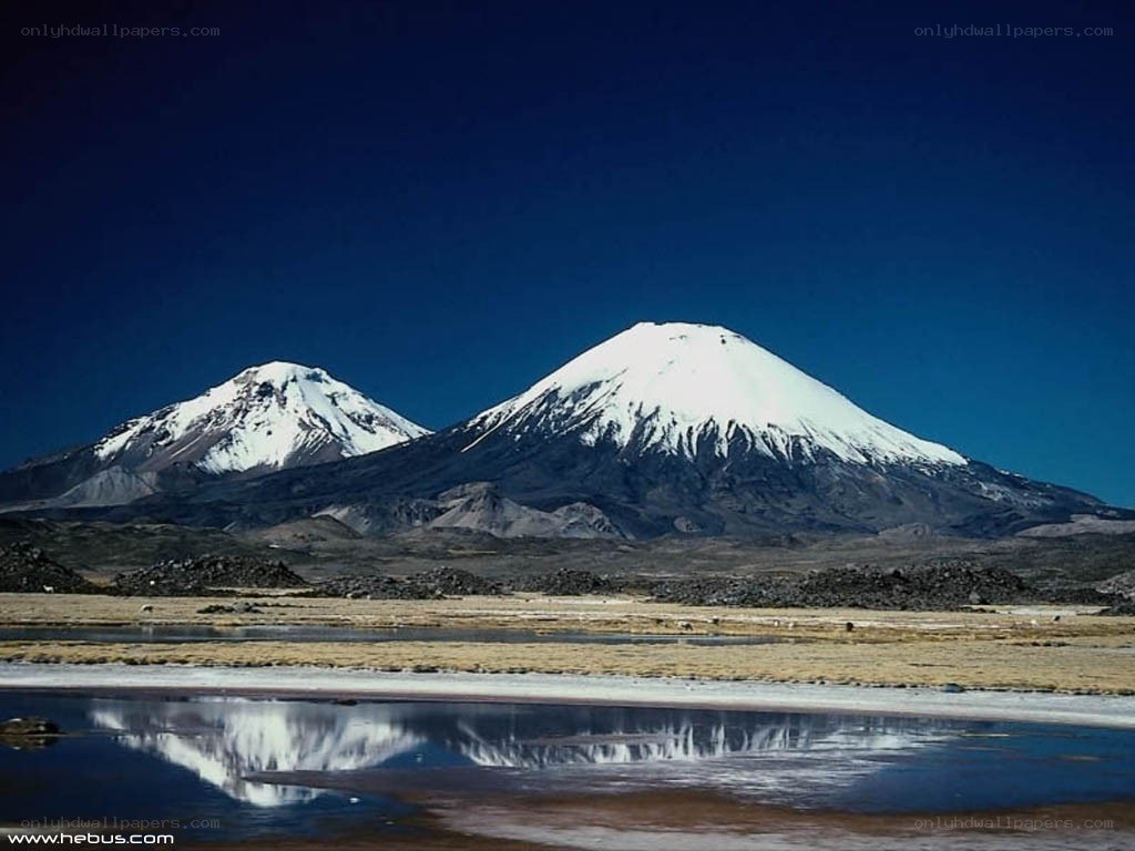 Snow-capped volcanoes reflected in water