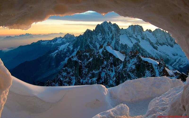 Snow Cave View of Mountains — White, Serene