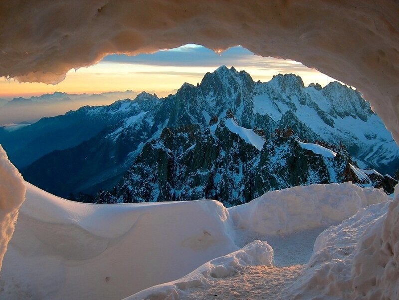 Snow Cave View of Mountains — White