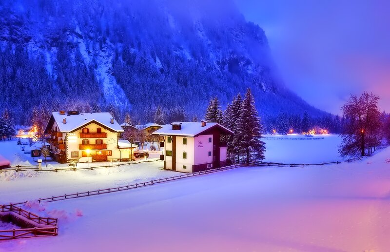 Snow-covered Alpine Village — Blue, Serene, Night, Photograph, Mountain