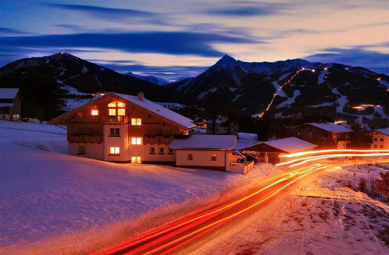 Snow-covered Alpine Village — Blue, Serene, Night