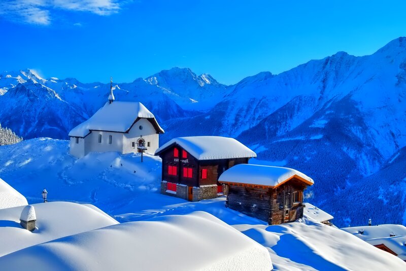 Snow-covered Alpine Village — Blue, Serene, Winter, Photograph, Mountains