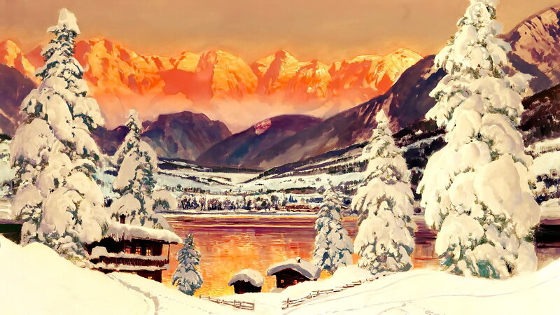 Snow-covered Alpine Village — Orange