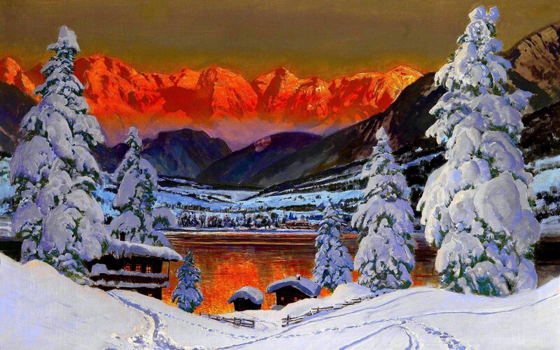 Snow-covered Alpine Village — Red, Dramatic