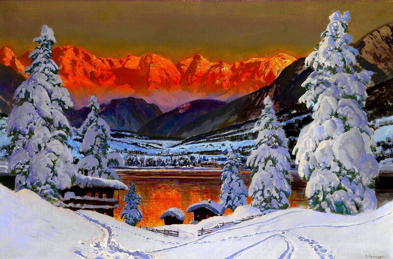 Snow-covered Alpine Village — Red