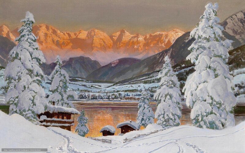 Snow-covered Alpine Village — White, Serene, Sunset
