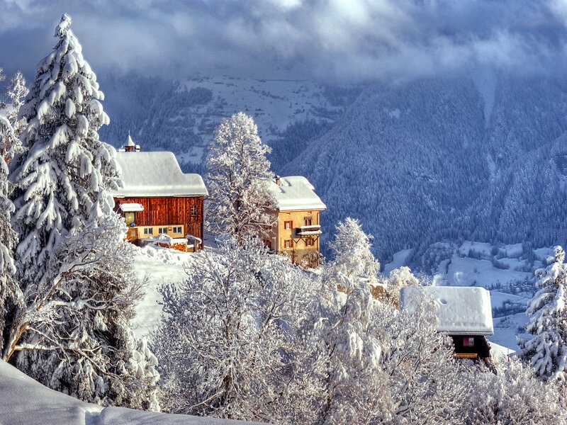 Snow-covered Alpine Village — White