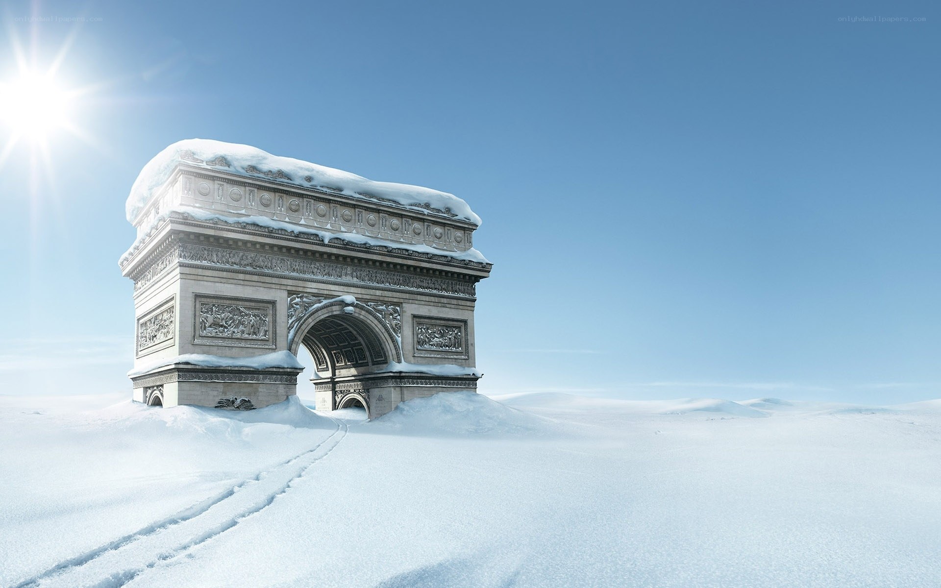 Snow-covered Arc de Triomphe