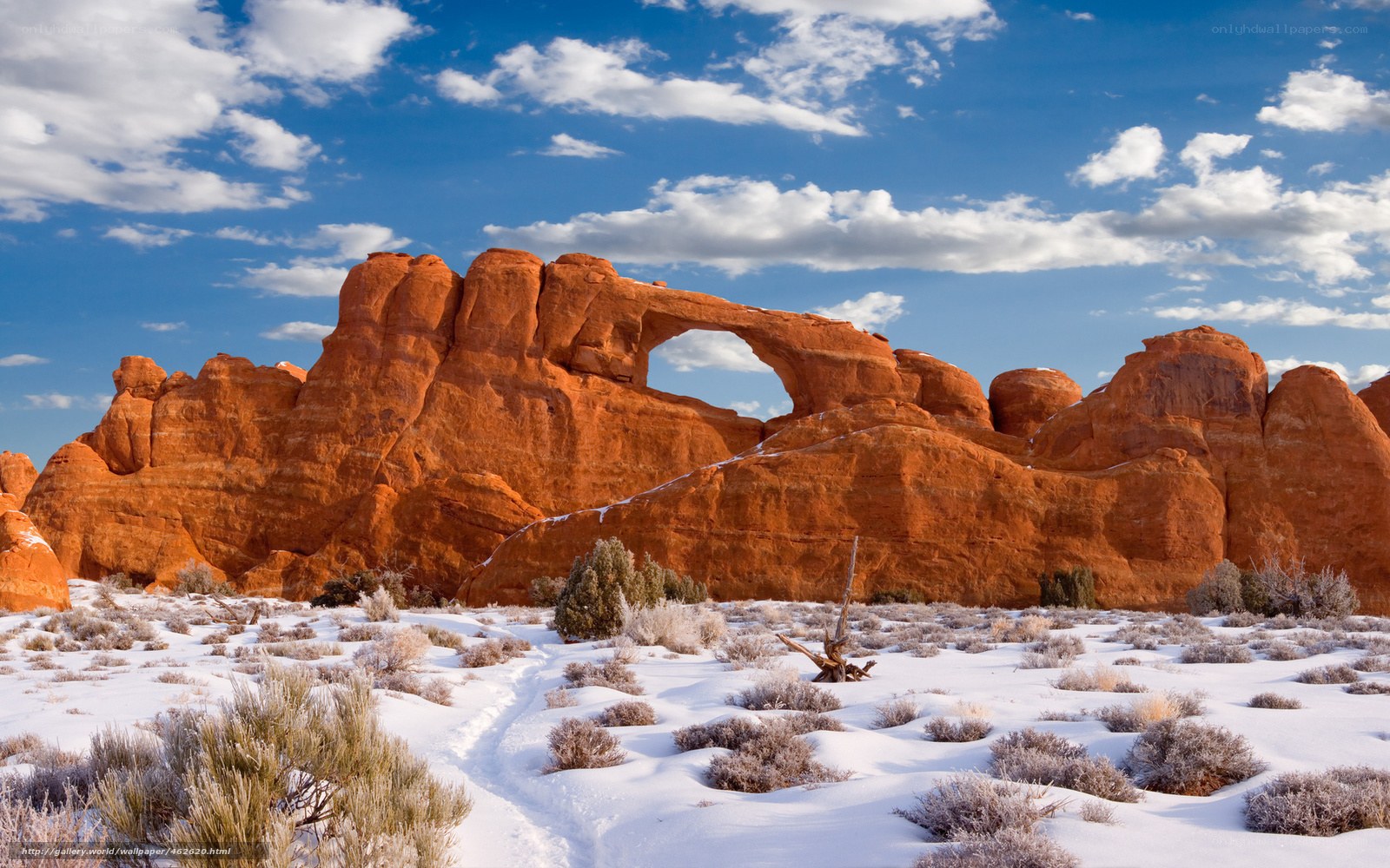 Snow-covered arch in desert