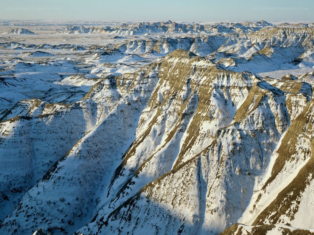 Snow-covered Badlands landscape