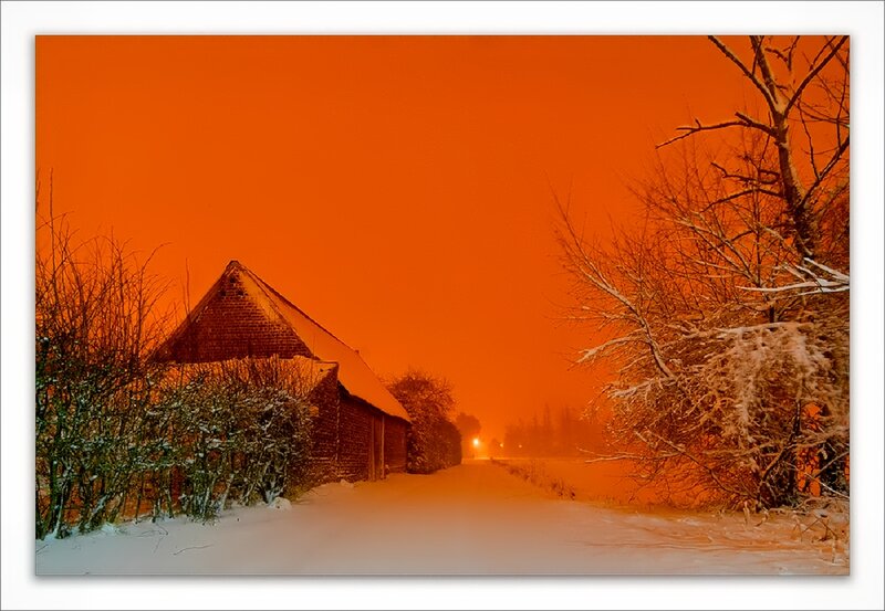 Snow-covered Barn at Night — Orange