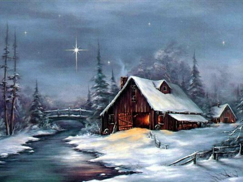 Snow-covered Barn at Night
