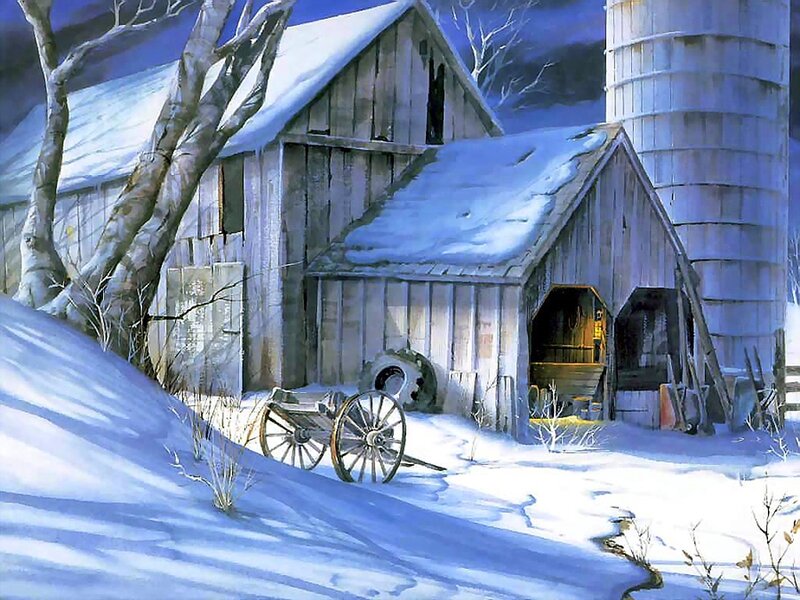 Snow-covered Barn at Night — White