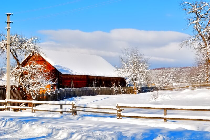 Snow-covered Barn — White, Serene
