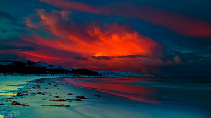 Snow-covered Beach at Sunset — Red
