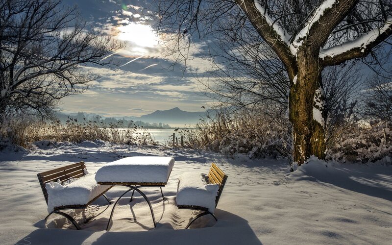 Snow-covered Bench and Table