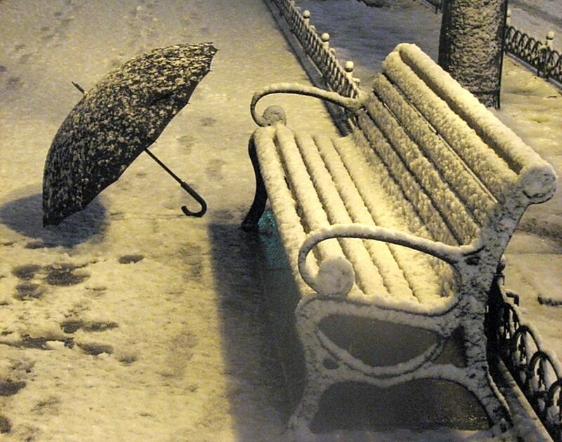 Snow-covered Bench and Umbrella