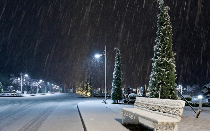 Snow-covered Bench at Night — White, Serene