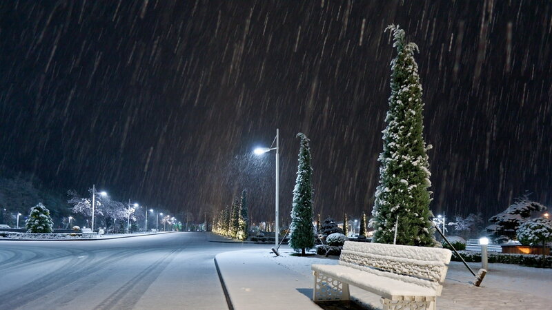 Snow-covered Bench at Night — White
