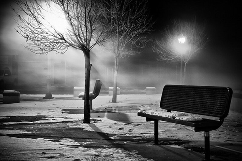 Snow-covered Bench — Black, Dreary